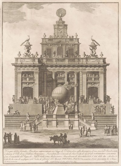Die zweite Maschine für die Chinea von 1785: Ein Lustschloss mit einem Heißluftballon von Francesco Barbazza, after Giuseppe Palazzi