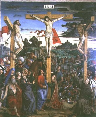 Kreuzigung mit St. Hieronymus und St. Franziskus von Francesco Bianchi Ferrari