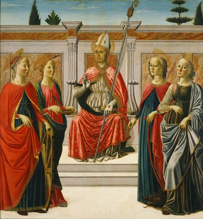 Heiliger Nikolaus und Heiliger Katharina, Heiliger Lucia, Heiliger Margareta, Heiliger Apollonia von Francesco Botticini