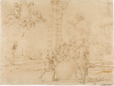 Octavian, Mark Antony und Lepidus teilen das Römische Reich, mit Bologna im Hintergrund von Francesco Brizio