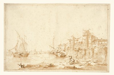 Eine imaginäre Ansicht einer venezianischen Lagune mit einer Festung am Ufer von Francesco Guardi