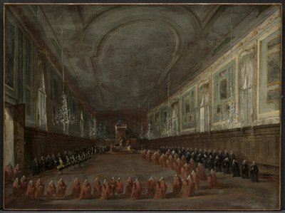 Papst Pius VI. verlässt den Thron, um sich vom Dogen in der Halle von SS. Giovanni e Paolo zu verabschieden, 1782 von Francesco Guardi