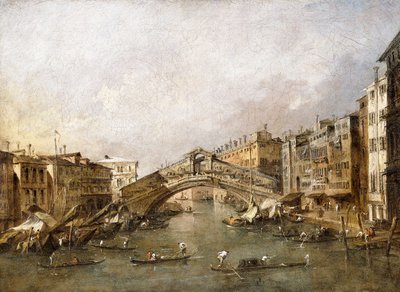Die Rialtobrücke in Venedig, mit Gondeln im Vordergrund von Francesco Guardi