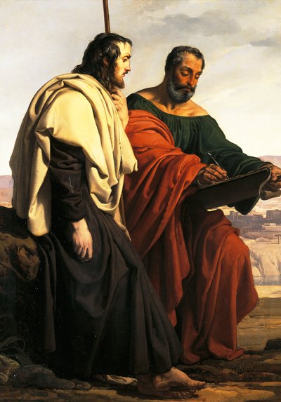 Die Apostel Philippus und Jakobus auf dem Weg zu ihrer Predigt, das heißt, zwei exilierte Patrioten, gekleidet in Trikolore von Francesco Hayez