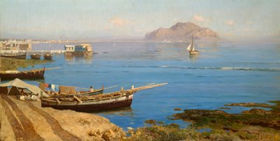 Marina mit Boot und Fischern von Francesco Lojacono
