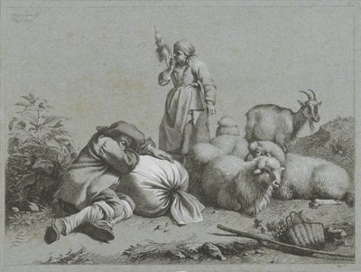Hirte und Hirtin mit Schafen und Ziege (Hirtenszenen) von Francesco Londonio