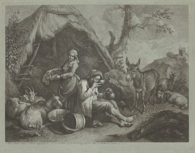 Sitzender alter Mann und Frau mit einem Korb Eier, 1759-1782 von Francesco Londonio
