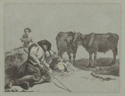 Schlafender Hirte, zwei Kälber und eine Bäuerin, 1762-1763 von Francesco Londonio