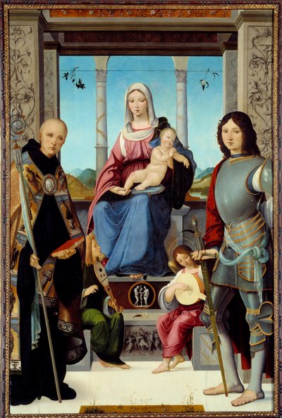 Die Jungfrau und das Kind, umgeben von St. Benedikt von Nursia und St. Quentin mit zwei Engeln von Francesco Marmitta