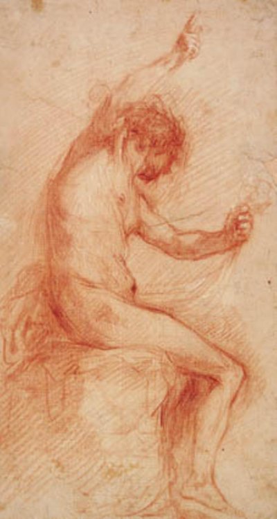 Sitzender Mann im Profil nach rechts, der nach unten schaut und ein Tuch in der linken Hand hält, mit der rechten nach oben zeigt von Francesco Montelatici