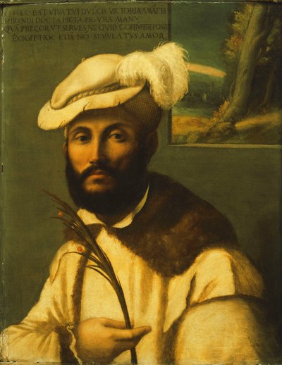 Porträt eines bärtigen Gentlemans, Halbfigur, in einer weiß gefütterten Jacke mit Pelzbesatz und einem Federhut, hält einen Palmwedel, eine Landschaft durch ein Fenster dahinter von Francesco Rondani
