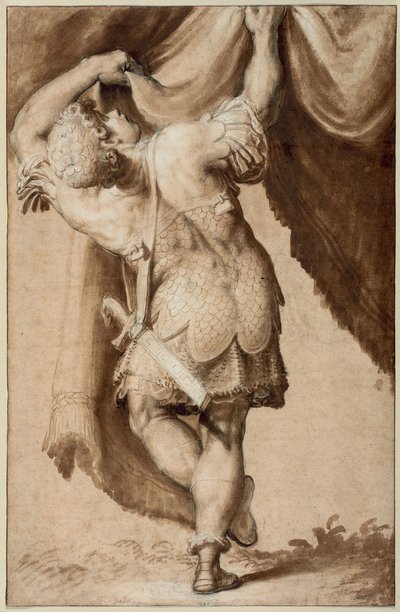 Junger Krieger, von hinten gesehen, hebt einen Vorhang von Francesco Salviati