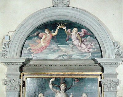 SS. Benedikt, Dominikus und Sebastian (Detail der Lünette) von Francesco Ubertini Il Bacchiacca