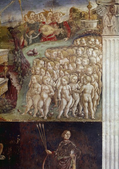 Allegorie des Monats Mai, Detail des Triumphs von Apollo, nackte Kinder und neun Musen (Detail) Fresko von Francesco del Cossa, Ferrara, Palazzo Schifanoia, Salone dei Mesi von Francesco del Cossa