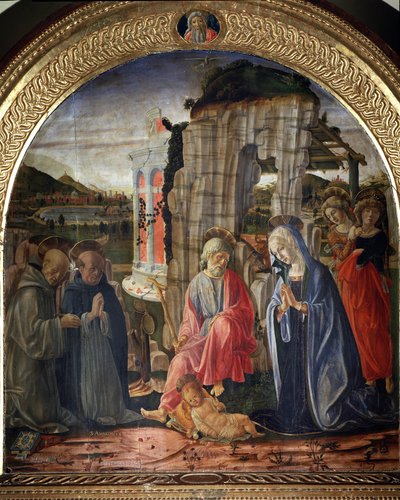Geburt Christi mit St. Bernhard und St. Thomas von Aquin von Francesco di Giorgio Martini