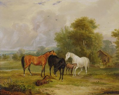Weidende Pferde: Stuten und Fohlen auf einer Wiese von Francis Calcraft Turner