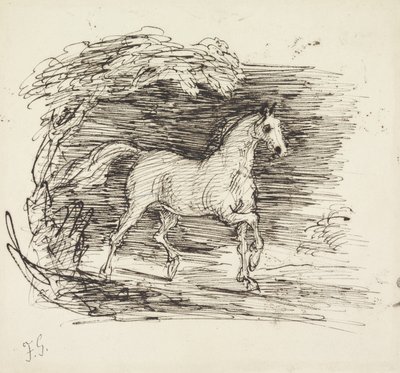 Ein graues Pferd trabt aus einem Wald von Francis Grant