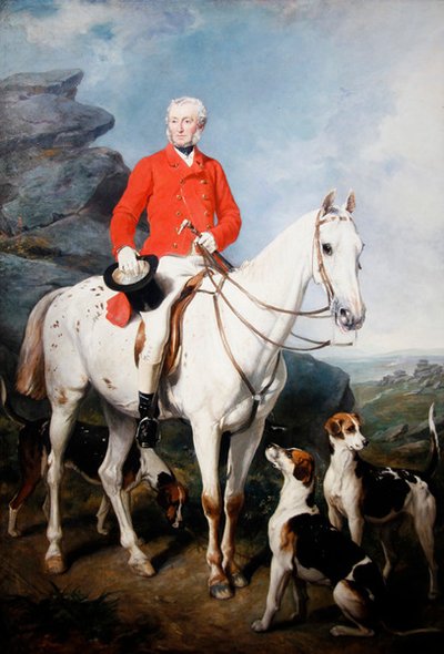 Porträt von Charles Trelawny, Esq., Meister der Dartmoor-Jagd, auf seinem Lieblingsjäger Grimaldi, mit den Hunden Conqueror, Lounger und Windermere von Francis Grant