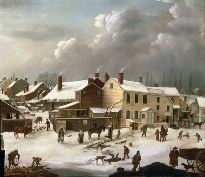 Winterszene in Brooklyn, Detail einer Straße und des Postamts, ca. 1817-20 (Detail) von Francis Guy
