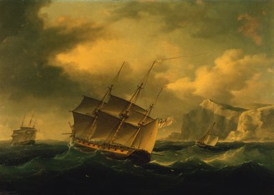 Eine englische Fregatte drängt eine französische Fregatte auf eine felsige Küste zu von Francis II Sartorius