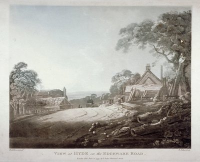 Eine Pferdekutsche verschwindet über einen Hügel auf der Edgware Road, London (1799) von Francis Jukes