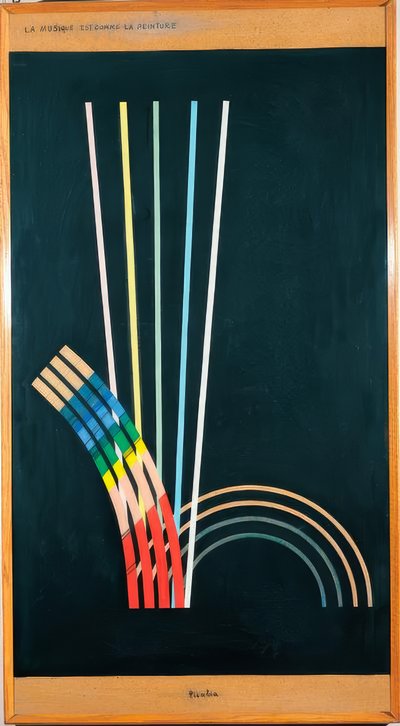 Alle. Schwarze Farben, weiße, rote, blaue, gelbe Linien, Kurven, gerade Linien, Bögen. von Francis Picabia