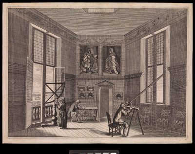 Drei Figuren benutzen astronomische Geräte im Großen Sternzimmer oder dem Oktagonzimmer, wie es heute bekannt ist, im Royal Observatory, ca. 1676 von Francis Place