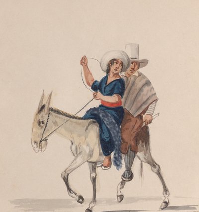 Ein indischer Mann und eine Frau reiten auf einem Esel, aus einer Gruppe von Zeichnungen, die Peruaner darstellen..., ca. 1848 von Francisco