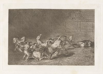 Zwei Teams von Picadors, die nacheinander von einem einzigen Stier geworfen werden, Platte 32 aus La tauromaquia von Francisco de Goya
