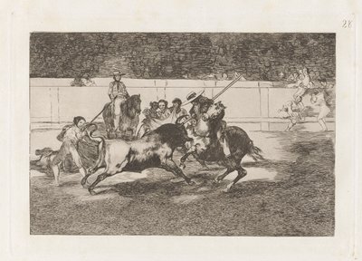El esforzado Rendon sticht einen Stier mit der Pique, aus der er in der Arena von Madrid starb, Platte 28 aus La tauromaquia von Francisco de Goya