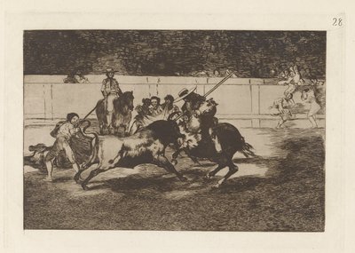 El esforzado Rendon picando un toro, de cuya suerte murió en la plaza de Madrid (Der kraftvolle Rendon sticht einen Stier mit der Pique, an dessen Folge er in der Arena von Madrid starb), Platte 28 aus La tauromaquia von Francisco de Goya