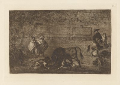 Les chiens laches sur le taureau (Die Hunde auf den Stier losgelassen), Platte C aus La tauromaquia (dritte Ausgabe) von Francisco de Goya