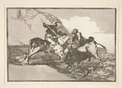 Die Art und Weise, wie die alten Spanier Stiere zu Pferd auf freiem Feld jagten, pl. 1 aus der Serie La tauromaquia von Francisco de Goya