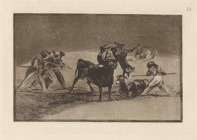 Die Mauren benutzen Esel als Barriere, um sich gegen den Stier zu verteidigen, dessen Hörner mit Kugeln versehen sind, Platte 17 aus La tauromaquia von Francisco de Goya