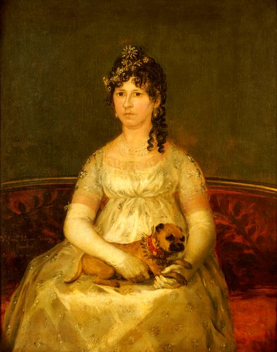 Porträt von Dona Francisca Vicenta Chollet y Caballero, sitzend, dreiviertel Länge, mit einem Schoßhund, 1806 von Francisco de Goya