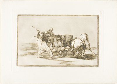 Die Mauren hatten sich in Spanien niedergelassen, gaben die Aberglauben des Korans auf, übernahmen diese Jagdkunst und spießen einen Stier im Freien auf, Platte drei aus Die Kunst des Stierkampfs von Francisco Jose de Goya y Lucientes