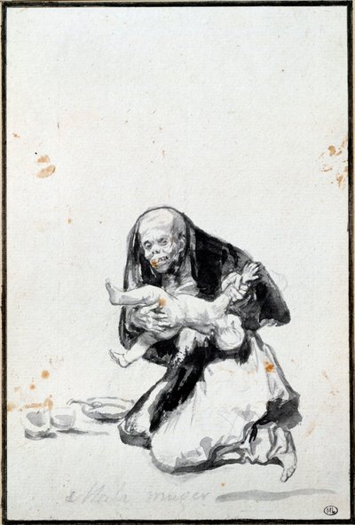 Die böse Frau (Mala mujer). Die böse Frau. Anthropophagie-Szene, eine Hexe verschlingt ein Kind von Francisco de Goya