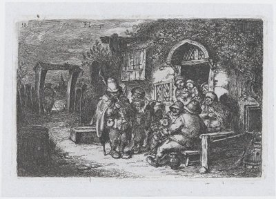 Tafel 18: Straßenmusiker und andere Figuren vor einer Taverne, aus der Serie der Bräuche ..., 1850 von Francisco Lameyer Berenguer