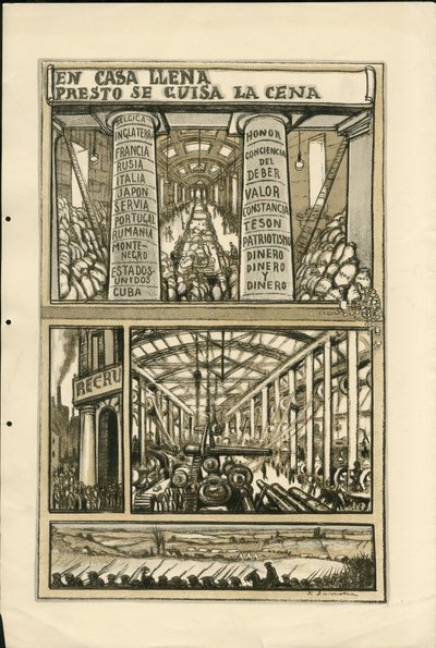 Illustration von Francisco Sancha Lengo (1874-1936) - Flugblatt, ca. 1915 - En casa llena presto se guisa la cena - Krieg von 14-18, Kanonen, Granaten, Industrielle Fabriken, Spanische Sprache, Mobilisierung, Ausländische Presse von Francisco Sancha y Lengo