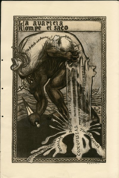 Illustration von Francisco Sancha Lengo (1874-1936) - Fliegendes Blatt, circa 1915 - Krieg von 14-18, Deutschland Preußen, Silber, Kriegführende und Symbole, Spanische Sprache, Ausländische Presse von Francisco Sancha y Lengo