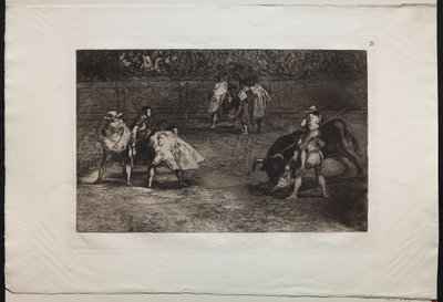 Stierkämpfe: Ein Stierkämpfer auf den Schultern eines Assistenten, der einen Stier mit einer Lanze sticht von Francisco de Goya