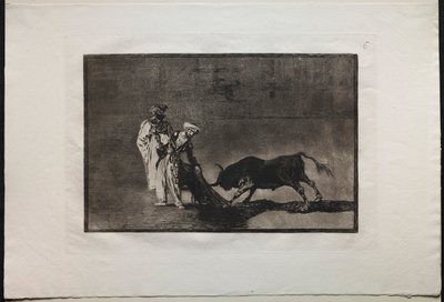 Stierkämpfe: Die Mauren machen ein anderes Spiel im Ring und rufen den Stier mit dem Burnous, 1876 von Francisco de Goya