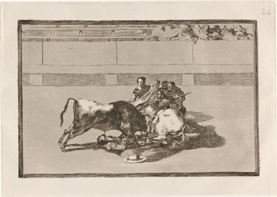 Ein Picador wird abgeworfen und fällt unter den Stier von Francisco de Goya