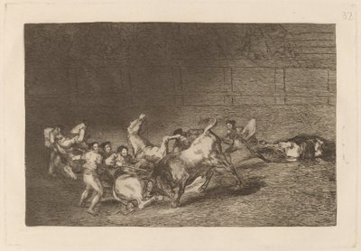 Zwei Teams von Picadores nacheinander von einem einzigen Stier geworfen von Francisco de Goya