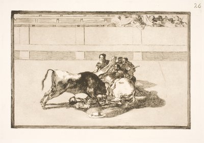Ein Picador wird vom Pferd geworfen und stürzt unter den Stier von Francisco de Goya