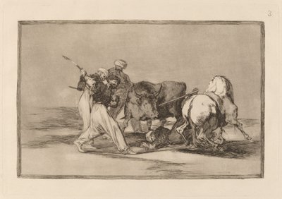 Die Mauren, die sich in Spanien niederließen, gaben die Aberglauben ihres Korans auf, übernahmen diese Jagdkunst und spießen einen Stier auf dem Feld auf von Francisco de Goya