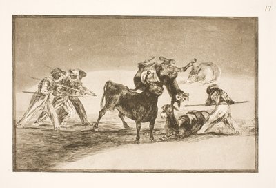 Die Mauren benutzen Esel als Barriere, um sich gegen den Stier zu verteidigen, dessen Hörner mit Kugeln versehen sind von Francisco de Goya