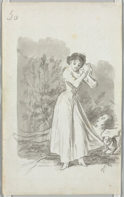 Junge Frau, die ihre Hände über dem nackten Körper eines Mannes ringt (verso) von Francisco de Goya