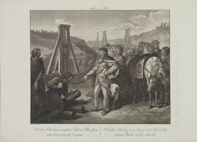 Boleslaw I. von Polen steckt Grenzpfähle in die Flüsse Elbe und Saale von Smuglewicz, Franciszek (1745-1807). Lithographie, Ende des 18. Jahrhunderts. Private Sammlung von Franciszek Smuglewicz