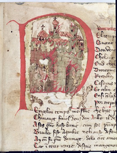 Historiierte Initiale, die Attila den Hunnen (ca. 406-453) zeigt, wie er die Stadt Aquila niederbrennt, aus Der Krieg von Attila von Nicola da Casola von Franco Italian School
